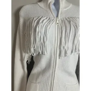 Minnie Rose White Cotton Shaker Mock Neck Zip Up Fringe‎ Jacket 8912 New thumbnail 4