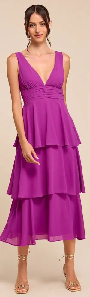 Lulus Celebration Time Purple Sleeveless Tiered Midi Dress Size Medium Cocktail thumbnail 1