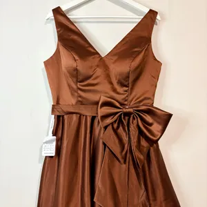 Miss Veil Satin Tea Length Dress Bow Detail Double V Neck Formal Brown Small NWT thumbnail 2