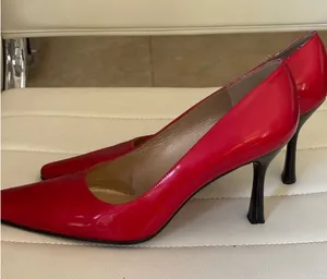 Stuart Weitzman Red Leather Pointed Toe Flared‎ Kitten Heel Pumps Size 8.5 B thumbnail 1