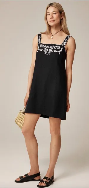 J.Crew Embroidered Linen Shift Dress Mini Boho Resort Vacation Black US 4 NWT thumbnail 1