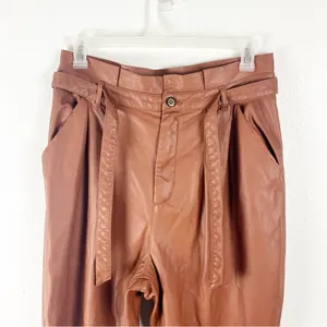 FREE PEOPLE Faux Leather Camel Paperbag Tie Waist Raw Hem Pants 14 Boho Chic thumbnail 8