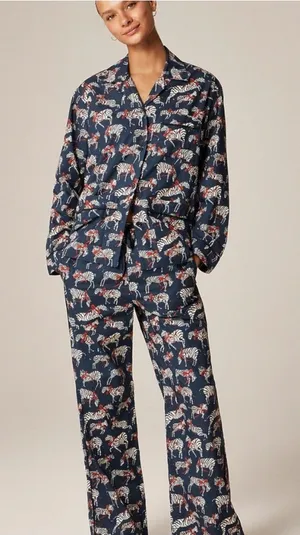 J.Crew Cotton Poplin Pajama pant Set in Party Animal Print Zebras thumbnail 1