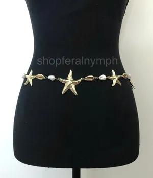 Y2K Mermaidcore Gold Starfish Shell Chain Belt, Fits 24–38 Inches, X7GA1157 thumbnail 1