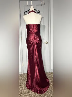 Betsy & Adam Satin Halter Maxi Dress in Burgundy thumbnail 2