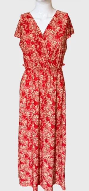Red Paisley V-Neck Maxi Dress with Elastic Waist thumbnail 1