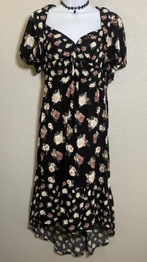 Black Babydoll Midi Dress Large Dark Feminine Romantic Casual Summer Cottagecore thumbnail 1