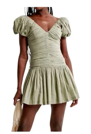 Abercrombie & Fitch Drama Puff Sleeve Ruched Mini Dress Sage Green Petite Large thumbnail 1