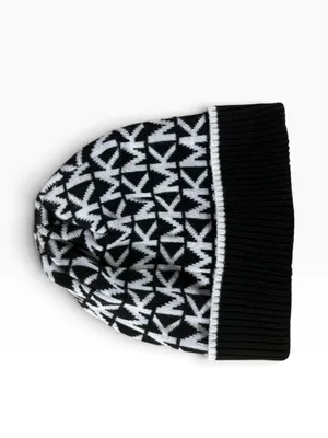 Michael Kors MK Logo Beanie Hat Black White Monogram Knit Winter Cap thumbnail 2
