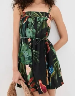 Farm Rio Midnight Macaw Fiesta Black Mini Dress with straps XS thumbnail 1