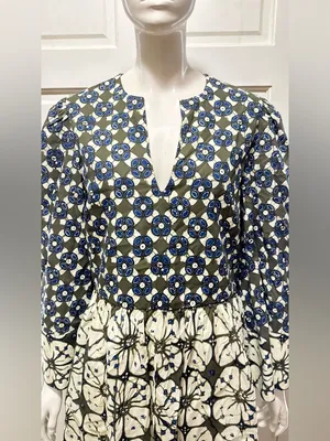 Tuckernuck 100%Cotton Boho Olive & Blue Floral Print Pleated Dress Size Large thumbnail 8