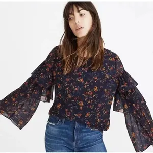 Madewell Blue Floral Ruffle Sleeve in Climbing Vine Blouse Shirt Top SZ S #2214 thumbnail 1