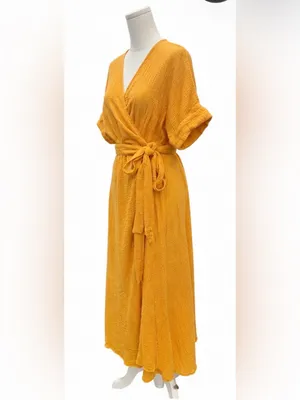 Marine Layer Medium Golden Yellow Cotton True Wrap Midi Dress Belted thumbnail 2