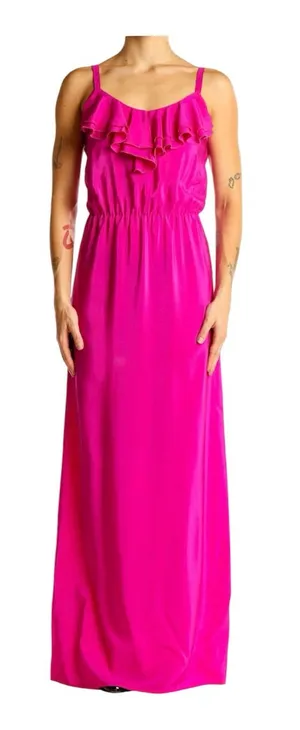 Amanda Uprichard Hot Pink 100% Silk Maxi Dress W/ Ruffled Neckline Medium thumbnail 1