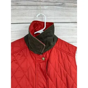 LL Bean Diamond Quilted Full Zip‎ Vest MED Rust Brown Plaid Lined Cord Collar thumbnail 9