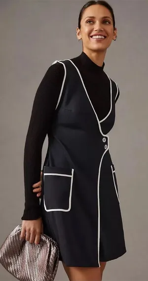 Maeve Anthropologie Pinafore Wrap Jumper Overall Dress Black with White Trim thumbnail 1