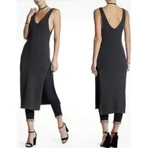 FREE PEOPLE Emmy Ribbed V-Neck Sweater Dress Cotton Small Petite GRAPHITE Slits‎ thumbnail 2