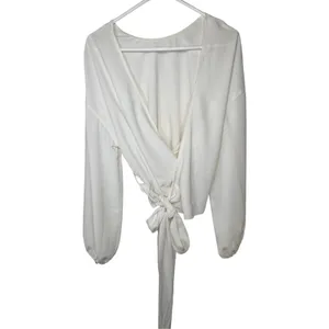 Wilfred Aritzia White Wrap Blouse Womens S Silk Trim Balloon Sleeve Cropped Top thumbnail 10
