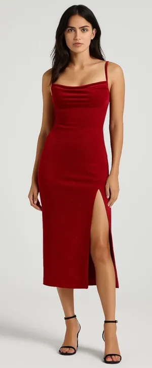 NEW Windsor Red Sleeveless Cowl Neck Glitter Cami Slit Tank Slip Midi Dress S thumbnail 1