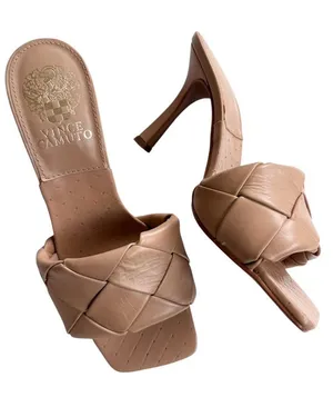 Like New Vince Camuto Leather Brelanie Woven Heeled Sandals Tan Size 5.5 thumbnail 1