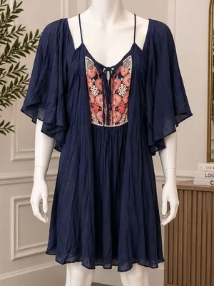 Alya Womens Dress Navy Blue Embroidered Cold Shoulder Bell Sleeve Small thumbnail 1