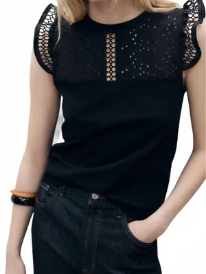 Mango Cotton Top with Lace Neckline NWT Black Small thumbnail 1