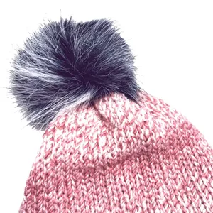 Handmade pom hat rose pink knit slouchy removable faux fur pompom adult winter thumbnail 2