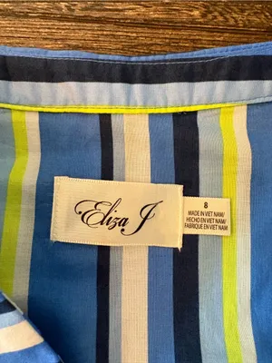 Eliza J Tiered Three Quarter Sleeve Dress Womens 8 Blue Excellent Striped V-Neck thumbnail 6