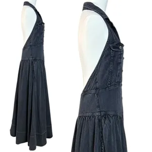 Free People Soundwave Denim Halter Maxi Dress in Black Bohemian Size Small thumbnail 5