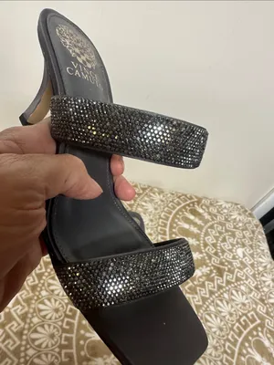 Vince Camuto Black Rhinestone Double-Strap Slide Heels thumbnail 6