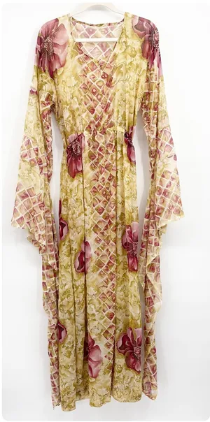 Womens Y2K Sheer Floral Boho Fairycore Ren Faire Ethereal Bell Sleeve Dress OS thumbnail 1