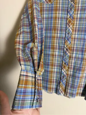 Wrangler 80s Wrangler blue, metallic, brown, and white plaid western shirt thumbnail 6