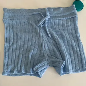 Boohoo Knit Sweater pajama set small Sky Blue one shoulder top & shorts ribbed thumbnail 4