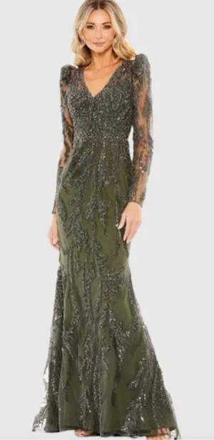 NWT Mac Duggal 20349 Olive Green Beaded V-Neck Gown‎ Long Sleeve Formal Sz 10 thumbnail 1