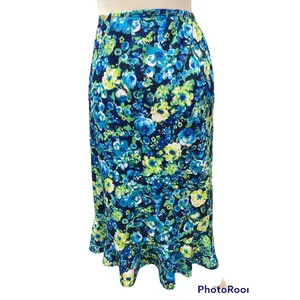 Vtg 90s size L Floral blue green white stretchy ruffle hem skirt feminine retro thumbnail 4