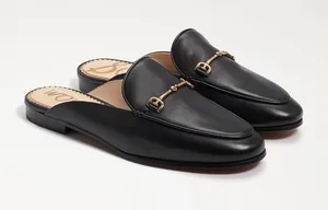 Black Leather Slip-On Mule Loafers with Gold Detail thumbnail 1