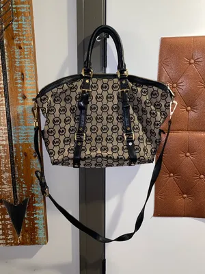 Michael Kors Black and Beige MK Monogram Satchel with Crossbody Strap thumbnail 15