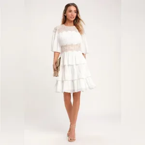 Lulus Westwind White Lace Pleated Tiered Chiffon Dress Crocheted Floral Top Sz L thumbnail 16