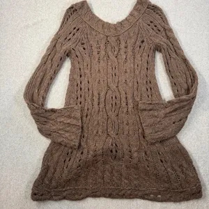 Free People Open Knit Off Shoulder Tunic Sweater Women's Large Brown Long Sleeve thumbnail 10