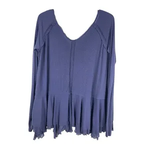 Free People We The Free Blue Ribbed Peplum Top Oversized XS Boho Raw Hem L Vneck thumbnail 6