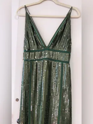 ASOS Olive Green Sequin Maxi Dress Deep V Front Slit Glam Evening Gown US 6 thumbnail 2