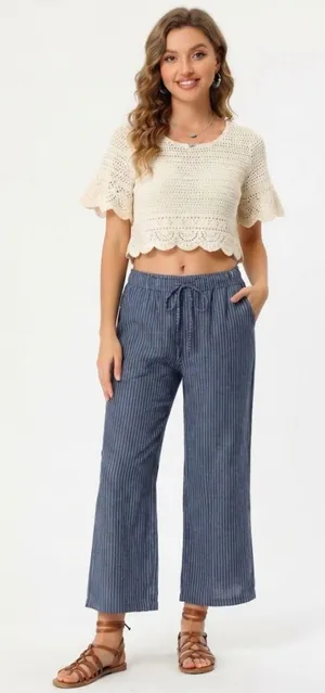 Women’s Blue & White Striped Linen Blend Wide Leg Pants Drawstring Lounge Size L thumbnail 1