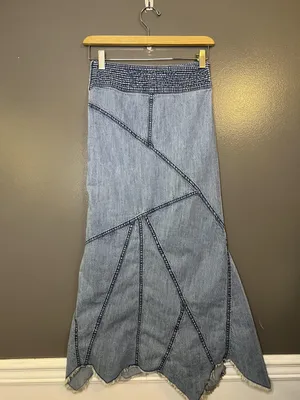 Urban Outfitters Skirt Womens XS Blue Denim Trumpet Long Asym Hem Boho Frayed thumbnail 5