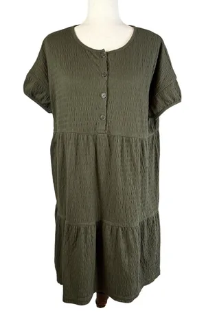 Madewell Oversized Tiered Mini Dress Size S‎ Green Crinkle Knit Cotton Blend thumbnail 1