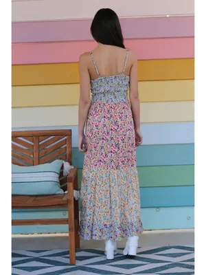 Angie Boho Floral Spaghetti-Strap Maxi Dress in Pastel Multi thumbnail 2