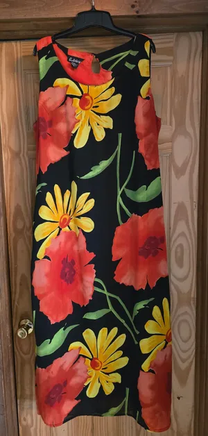 O Bold Floral Black Maxi Dress with Red & Yellow Blooms thumbnail 1