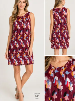 Halogen Pleated Floral-Print Sleeveless Dress - Burgundy Size Large thumbnail 2