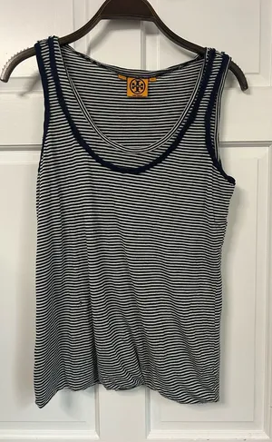 Tory Burch Navy and White Striped Scoop Neck Tank thumbnail 1