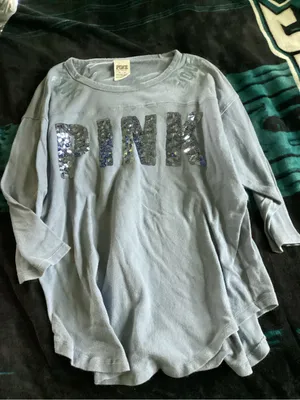 PINK Victoria's Secret Light Blue Long Sleeve Sequin Logo Top thumbnail 1