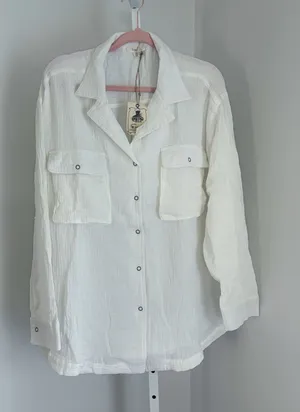 easel Cotton Gauze White Textured Button-Front Shirt Large Patch Pockets Size 3X thumbnail 1